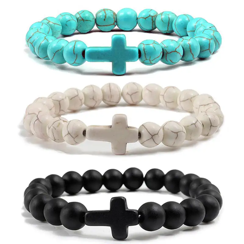 Vente en gros pas cher 8MM pierre extensible semi-précieuse chaîne bijoux turquoise perlée bracelet chrétien hommes avec bracelet croix