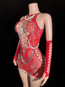 Thiết Kế Mới Màu Đỏ Sexy Xem Thông Qua Mini Phụ Nữ Của Quần Áo Thanh Lịch Sexy Lưới Rhinestone Ăn Mặc Thanh Lịch Nhiệt đới Evening Dresses - Product Image 6