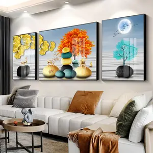 3D Picture Glass Paintings Golden Leaves and Colored Stones Design Triptych Wall Art Printing Crystal Porcelain Painting