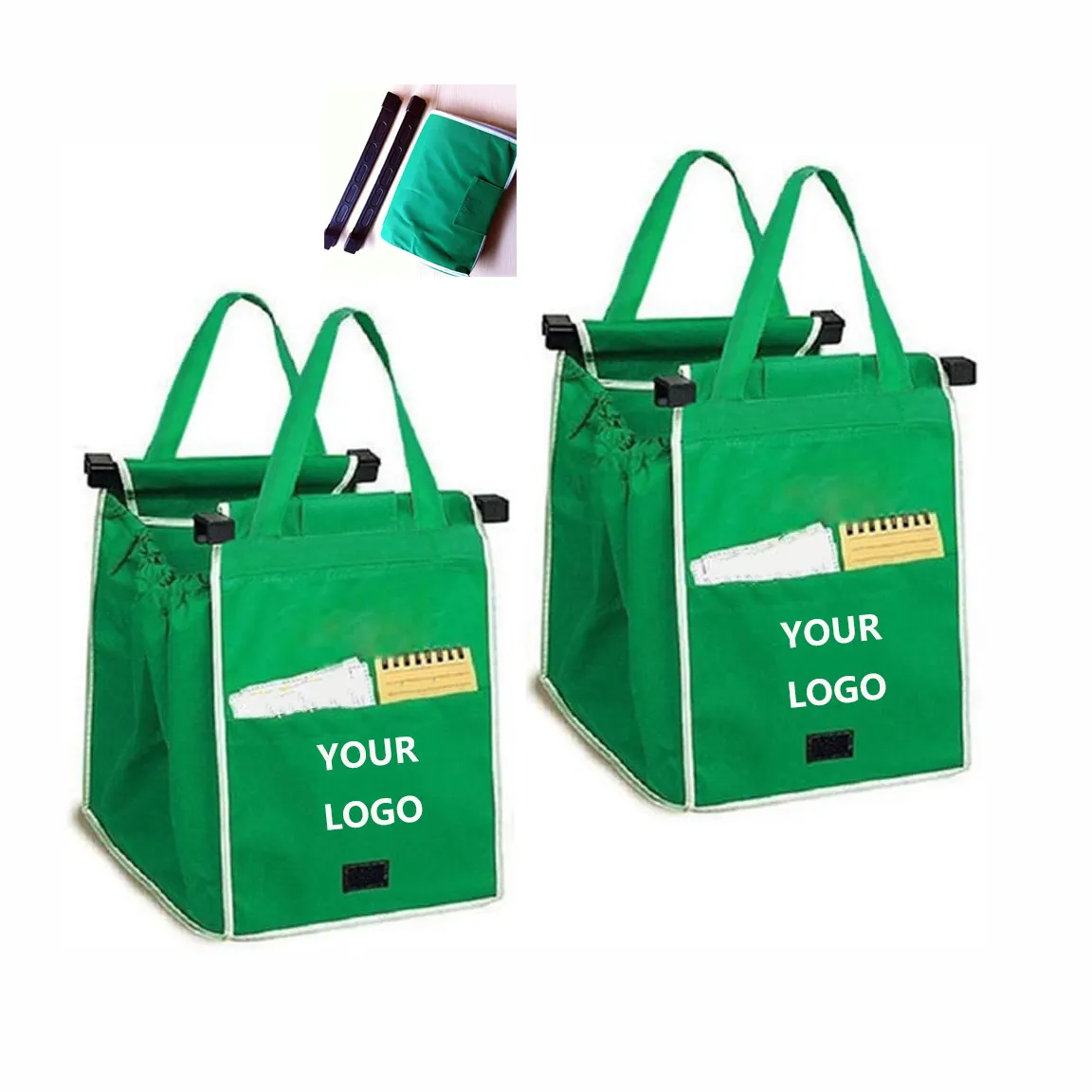 맞춤형 로고 도매 접을 수있는 식료품 토트 파우치 쇼핑 카트에 클립 재사용 쇼핑 트롤리 가방 손잡이로 잡아