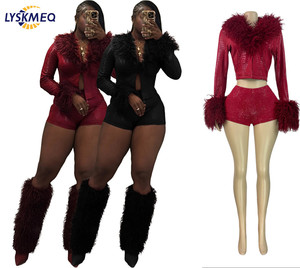 Nuovi Arrivi Primavera 2026: Completo Donna Due Pezzi con Top Corto a Maniche Lunghe in Pelliccia e Shorts <span class=keywords><strong>Aderenti</strong></span>, Abbigliamento Sexy da Club - Product Image 1