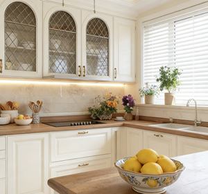 Custom Shaker Style Solid Wood Kitchen Cabinet | White Design + Glass Door | LED-Lit Storage with Gold Hardware - Product Image 2