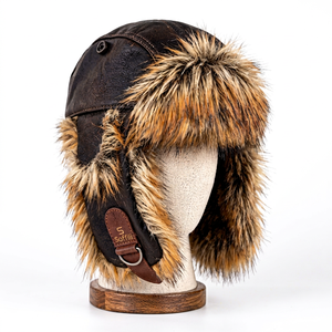 Casquette d'aviateur en cuir véritable avec fourrure d'hiver, casquettes personnalisées en cuir véritable et coton, casquette plate de cowboy, casquette de sport - Product Image 1