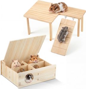 Plateforme en bois naturel pour hamster et cachette multi-chambres, tunnel <span class=keywords><strong>labyrinthe</strong></span> à couvercle rabattable, accessoires de cage, décor de habitat pour petits animaux - Product Image 1