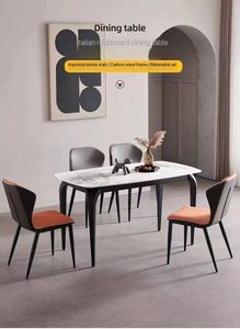 طاولة طعام فاخرة بتصميم عصري جديد مع 6 كراسي تتسع لـ 8 أشخاص مصنوعة من الفولاذ الكربوني الذهبي والرخام الأردوازي - Product Image 6