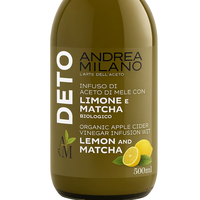 Vinagre de Sidra de Manzana Líquido, Sin Filtrar, Orgánico, Andrea Milano, con Matcha y Limón, Vegano Italiano, Botella de Vidrio de 500 ml