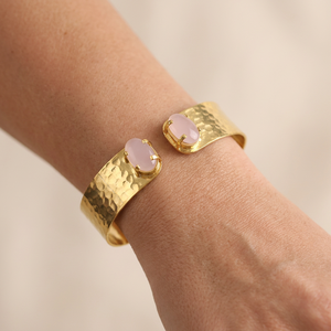 Oval pink chalcedony gemstone cuff <b>bracelet</b> wide cuff <b>bracelet</b> 18k gold plated hammered texture <b>stacking</b> adjustable <b>bracelet</b> - Product Image 1