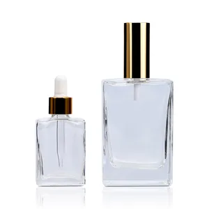 Frasco de vidro 50ml 100ml, quadrado, retângulo vazio preto transparente perfume garrafa de vidro com caixa de embalagem