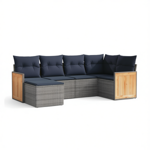 Ensemble de canapé de jardin en polyrotin gris 6 pièces avec coussins, mobilier d'extérieur, panneau en bois de teck, design contemporain - Product Image 1