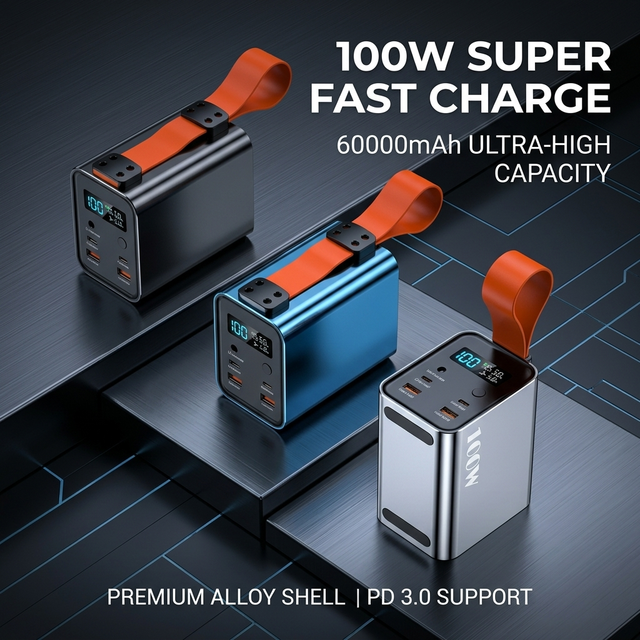 100W PD Fast Charging Alloy Power Bank 60000mAh 5-Port Ternary Polymer Lithium Battery Outdoor Portable Charger for Laptop Phone