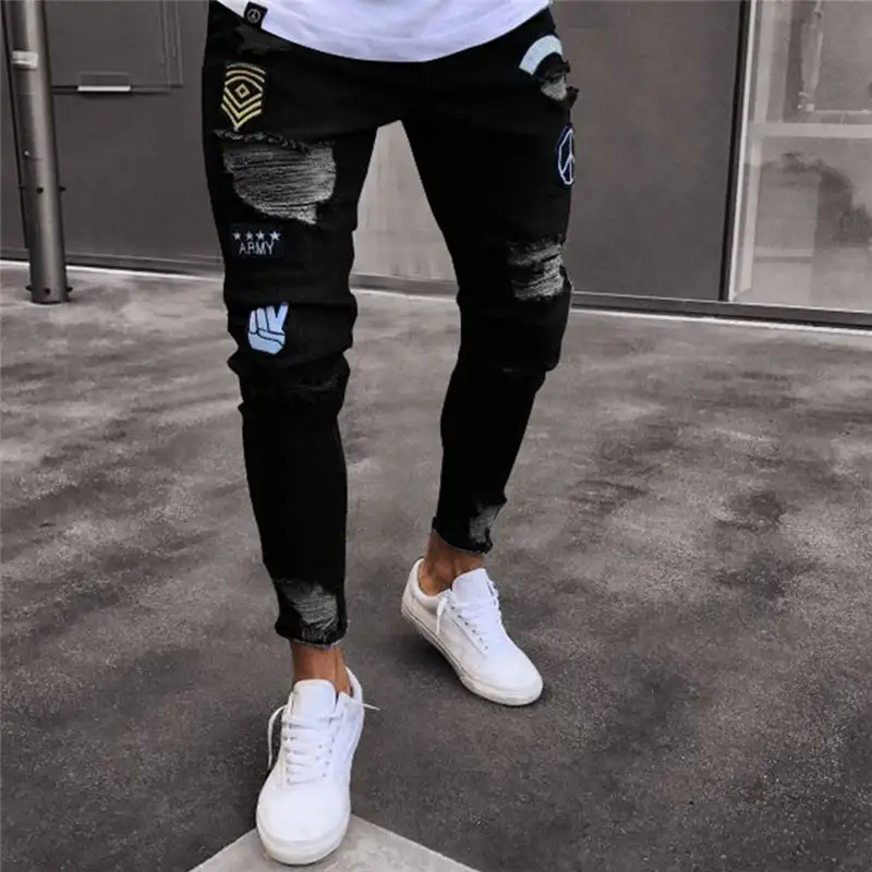 2023New Italy Style Men's Distressed Destroyed Badge Pants Art Patches Skinny Biker White Jeans Slim Trousers Men Denim Jeans