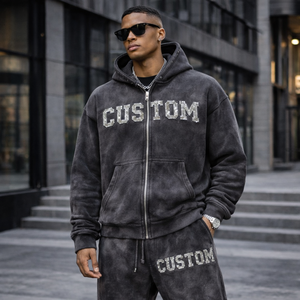 Ensemble de survêtement pour homme avec sweat à capuche zippé et pantalon de survêtement, broderie personnalisée effet vieilli, strass, délavé soleil et délavé à l'acide, fabrication sur mesure - Product Image 2