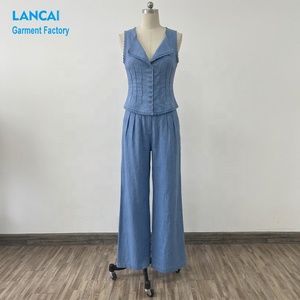 Ensemble 2 pièces sur mesure <span class=keywords><strong>en</strong></span> coton et <span class=keywords><strong>lin</strong></span> pour <span class=keywords><strong>femme</strong></span> : Gilet sans manches à bordure <span class=keywords><strong>en</strong></span> dentelle et pantalon plissé ample à jambes larges - Product Image 3