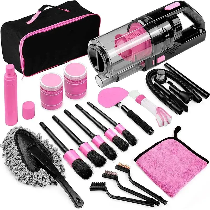 Goed Ontworpen Dames Roze Interieur Auto Details Cleaning Kit Met High Power Handheld Vacuüm En Detaillering Borstelset