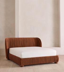 Custom Pleated Velvet Upholstered <b>Bed</b> Frame, Curved Low Profile Platform <b>Bed</b> with Round Wooden Feet <b>for</b> Bedroom - Product Image 1