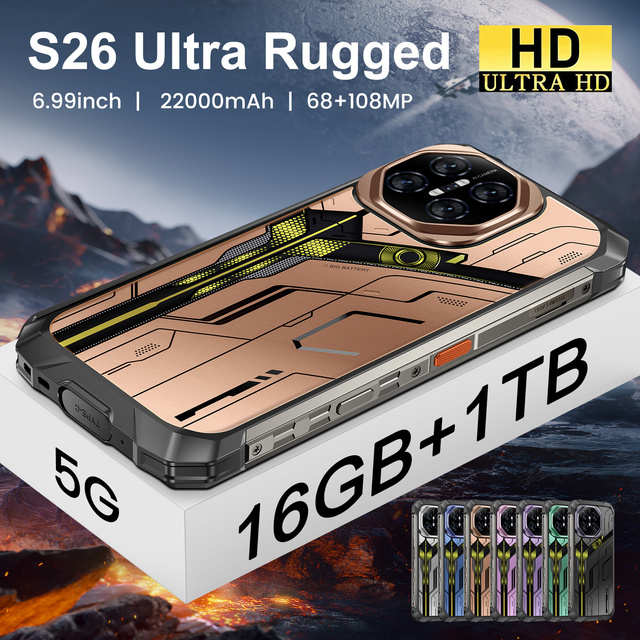 Hot Selling 22000mAh Big Battery 5G Waterproof Rugged Android Phone S26 Ultra with 68MP Camera 120W Quick Charge