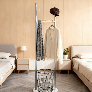 Porte-manteau moderne en argent noir en forme de H avec base en panier à fleurs, comprend un porte-parapluie - Product Image 1