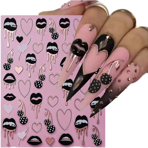 Pegatinas de <span class=keywords><strong>Uñas</strong></span> 3D con Tema de San Valentín, Corazones Negros de Plástico Autoadhesivas, Decoración de Manicura DIY, Venta Caliente, Marca Personalizada - Product Image 1