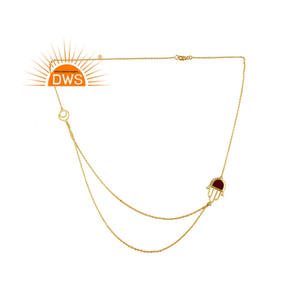 Gold Plated Silver Double Chain <b>Necklace</b> Red Onyx Gemstone <b>Hamsa</b> <b>Hand</b> <b>Necklace</b> Women Silver Jewelry Manufacturer - Product Image 1