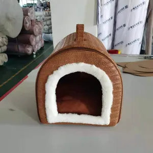 Chinese handmade rattan woven semi enclosed pet villa cat nest house dog bed rattan pet basket factory