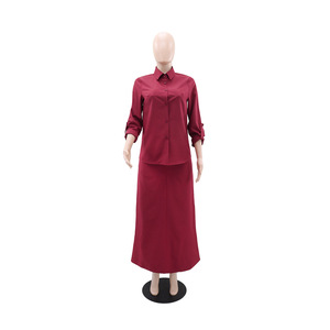 Women's Solid Color Business Casual Long-Sleeve Shirt & Collared Midi <b>Skirt</b> Two-Piece Set Fashion - Product Image 4