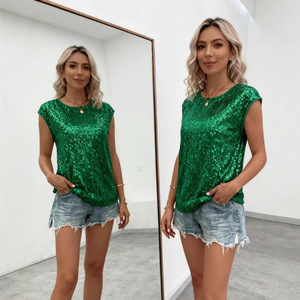 <span class=keywords><strong>Camiseta</strong></span> de Mujer SS175 2026, Estilo Euroamericano, Dulce, Holgada, Informal, para Fiesta, Cuello Redondo, Sin Mangas, con <span class=keywords><strong>Lentejuelas</strong></span> - Product Image 4