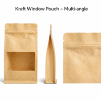Sachet personnalisé en papier kraft à 8 soudures latérales avec fermeture éclair et fenêtre transparente, qualité alimentaire, en stock, faible MOQ 50, prêt à expédier pour thé, café, fruits secs