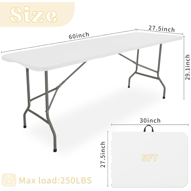 Folding Table 5 FT Camping Table Portable Plastic Rectangular Outdoor Dining Table Steel Legs Fold-in-Half with Carrying Handle