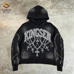 เสื้อฮู้ดดี้ผู้ชายพิมพ์ลายกราฟิกแบบสั่งทำพิเศษ ผ้าเฟรนช์เทอร์รี่ 600 กรัมต่อตารางเมตร ทรงหลวม ไหล่ตก ผ้าฝ้าย 100% ตกแต่งด้วยคริสตัล ล้างสีแบบแอซิดวอช ไซส์ใหญ่ - Product Image 1