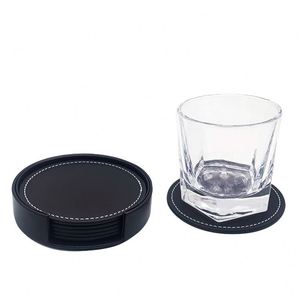 Thick PU Leather Black Leather <b>Coasters</b> <b>Coasters</b> Set of 6 with Holder 10cm Round <b>Coasters</b> for <b>Drinks</b> - Product Image 3