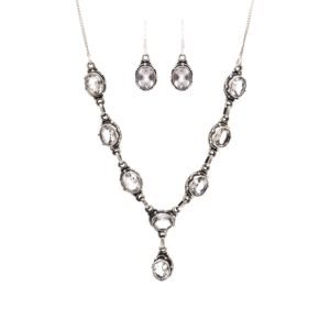 925 Sterling Silver Crystal Jewelry Set Necklace Earrings Clear Gemstone Pendant Oval Stones Bezel Setting Women's Party Wear - Product Image 1