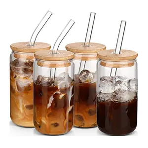 16oz Can Shaped Glass Cups Beer Can Glass Iced Coffee Mug with Bamboo Lids