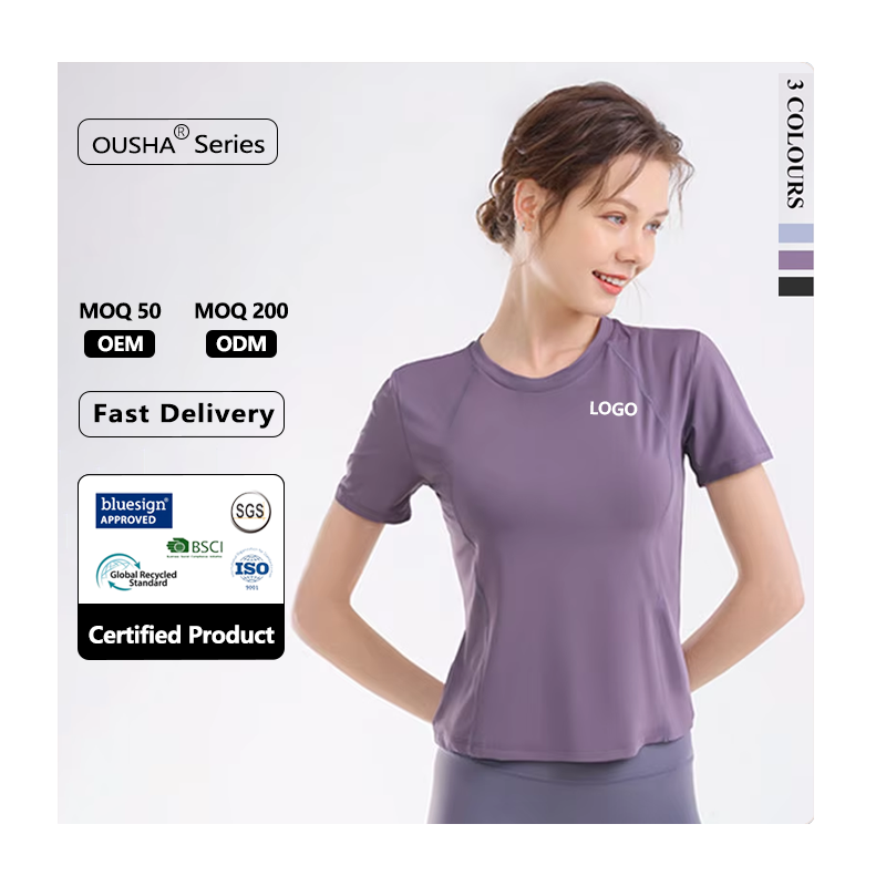 Summer High Quality Quick Dry Yoga Fitness T-Shirt Round Neck Sports Outwear for Women