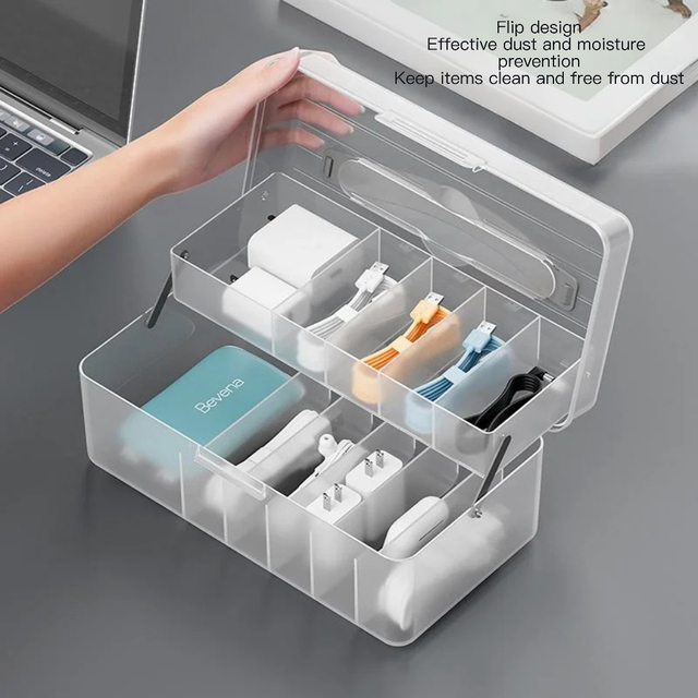 Data Cable Storage Box Flip Top Desktop Headphone Splitter, Cable Organizer, Dustproof Drawer Organizer Box
