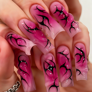 24 <span class=keywords><strong>Uñas</strong></span> Postizas Cuadradas Extra Largas en Caja, Color Rosa y Negro, Estilo Gótico con Llama, <span class=keywords><strong>Uñas</strong></span> Acrílicas Y2K con Borde Ondulado 3D para Mujer, Ideales para Fiestas - Product Image 1