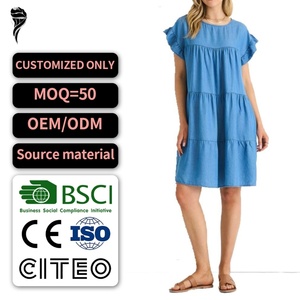 Robe midi décontractée d'été pour femme, légère, en coton, à volants, coupe ample, manches courtes, modèle personnalisé, meilleures ventes - Product Image 1