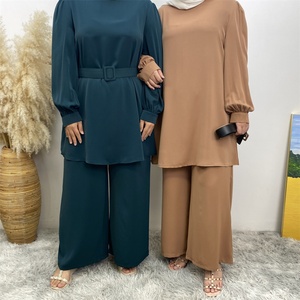 2335+9003 #   Ensembles modestes Nida 2 pièces, costumes turcs pour femmes, robe Abaya de couleur unie, haut et pantalon avec poches et ceinture - Product Image 4