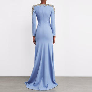 Elegante Abito Lungo Azzurro per Occasioni Speciali, Lussuoso con Perline e Strass Dorati sul Collo, Maniche Lunghe, Vestito <span class=keywords><strong>da</strong></span> Sera Formale - Product Image 2