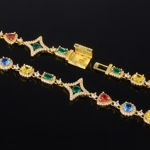 Colorful Gemstone Emerald Cut Hiphop Fashion Trendy Sparkling Brass Zircon Star Square Charm Link Chain Bracelet <b>Bangle</b> - Product Image 3