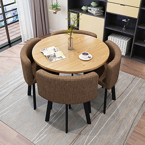 Pour petit espace 5 pièces Table à manger <span class=keywords><strong>ronde</strong></span> et chaises en tissu de lin ensemble moderne pour la maison Restaurant Table à manger en <span class=keywords><strong>bois</strong></span> ensemble 4 chaises - Product Image 1