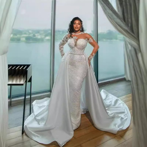 White Satin Beaded Wedding Dress Sweetheart Neckline Long Sleeve Detachable Train Natural Waistline Plus Size Gown - Product Image 3