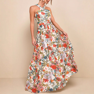 Vestido Largo de Noche con Estampado Floral, Hombros Descubiertos, Cintura Imperio, de Gasa, Transpirable, para Primavera/Verano - Product Image 2