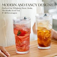 Vasos de Vidrio Acanalados de 20 oz con Tapas y Pajitas de Vidrio, Vasos Vintage para Café Helado, Vasos Reutilizables para Smoothies y Cócteles