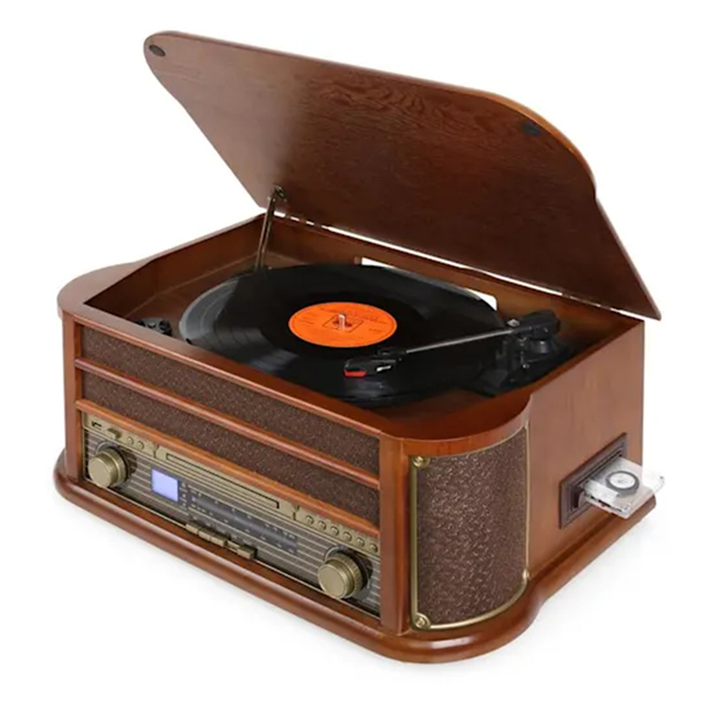 Dark Wood Multi Functional Turntable with Built-in Speakers Vinyl Record Player with Cassette CD USB SD Play AM FM Radio Phono