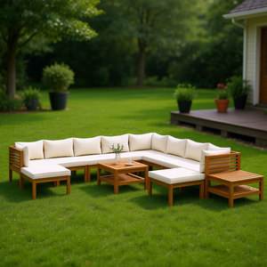 Ensemble de salon de jardin en bois d'acacia massif crème, 10 places, mobilier d'extérieur au design contemporain, résistant aux intempéries - Product Image 2