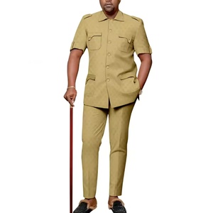Costume Dashiki Africain Brodé pour <span class=keywords><strong>Homme</strong></span> – <span class=keywords><strong>Chemise</strong></span> à Manches Courtes Boutonnée + Pantalon Long – Ensemble 2 Pièces Décontracté pour Mariage – 100% Coton - Product Image 1