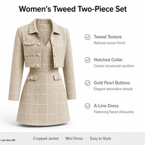 Elegante Completo <span class=keywords><strong>Tweed</strong></span> da Donna 2 Pezzi, <span class=keywords><strong>Giacca</strong></span> Corta con Colletto a Risvolto + Abito Senza Maniche con Bottoni di Perle per l'Ufficio Autunno-Inverno - Product Image 3