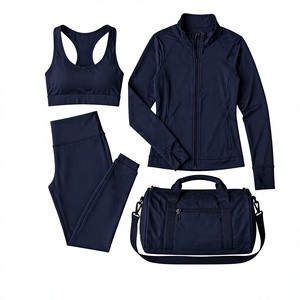 Navy <b>Blue</b> Solid Short 4-Piece Activewear Set Sports <b>Bra</b> Zip Jacket Leggings Duffel Bag Quick Dry & Breathable - Product Image 1