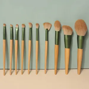 Hot Sell Bamboo Color 10 pcs Wood Green Soft Fluffy Cosmetics Oval Vegan Eye Cosmetic Private Label Makeup Brush Set