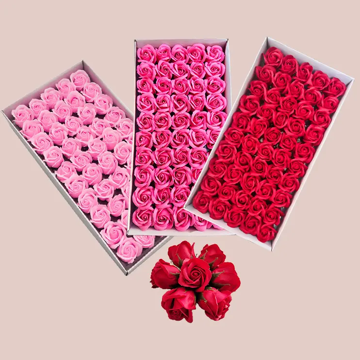 Atacado pequeno artificial artesanal rosa cabeça 50 pcs caixa vermelha casamento rosa favores retorno presentes sabão rosas